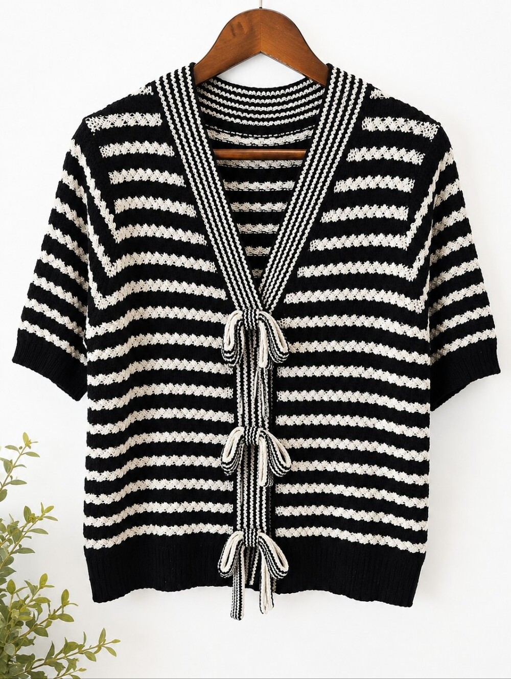 Striped Black and White Knot-Front Sweater - Women